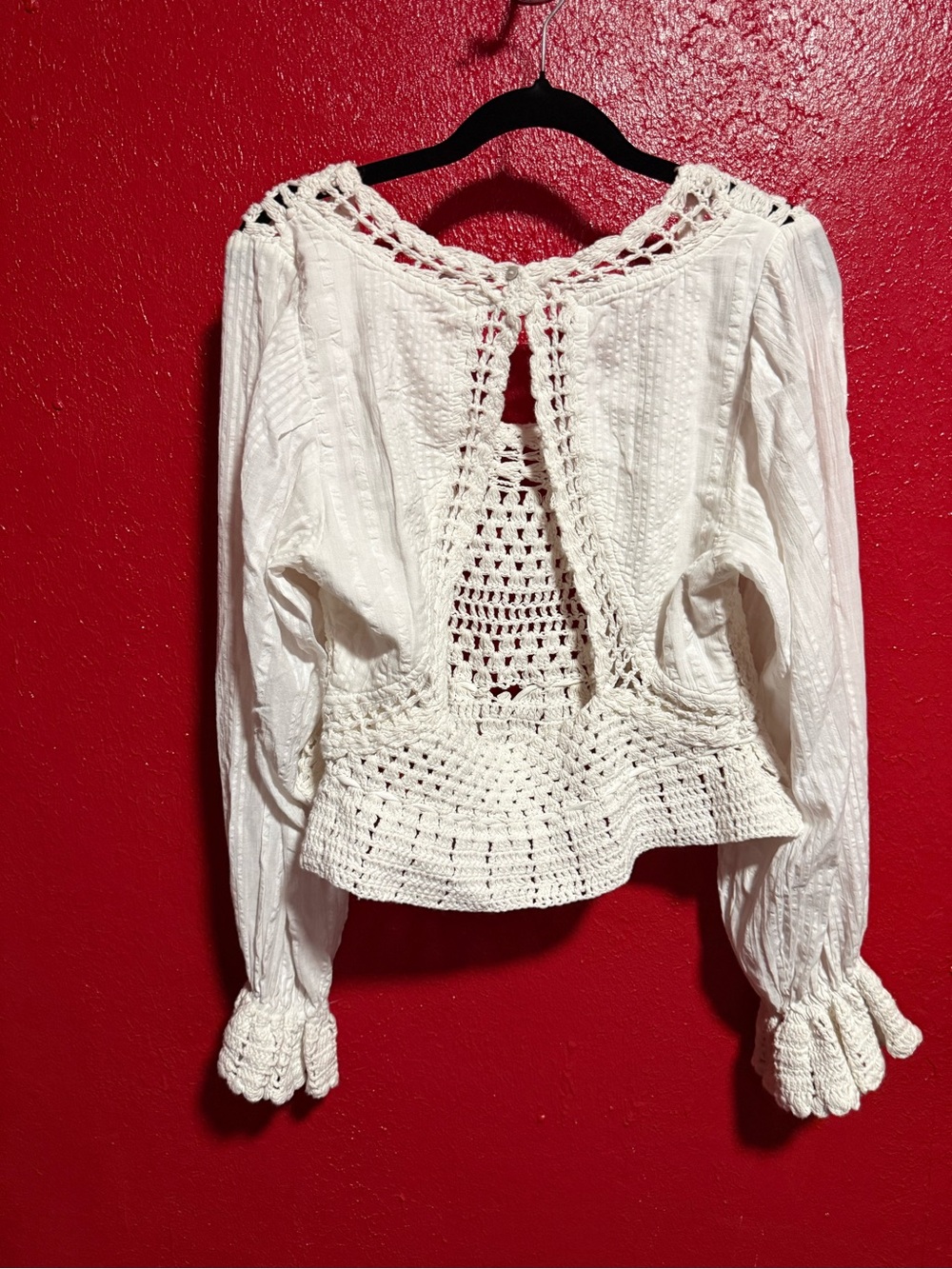 159. Preloved Free People White Crochet-Back Peplum Blouse